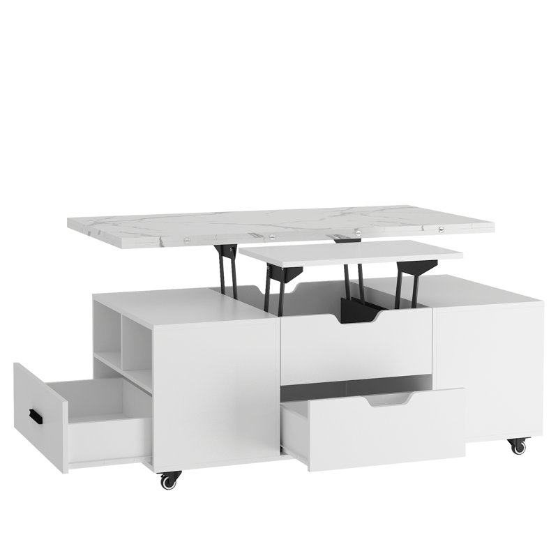 Table basse extensible avec rangement et 2 tabourets pour le salon, construction moderne, 45,91 po de profondeur, 23,62 de largeur, 18,75 de hauteur, tabourets relevables et coussins, tiroirs blancs,