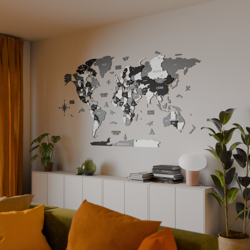 Carte du monde 3D en bois pour mur - Art mural carte du monde en bois - Carte 3D en bois à épingles - Décoration murale carte du monde 3D en bois multicouche