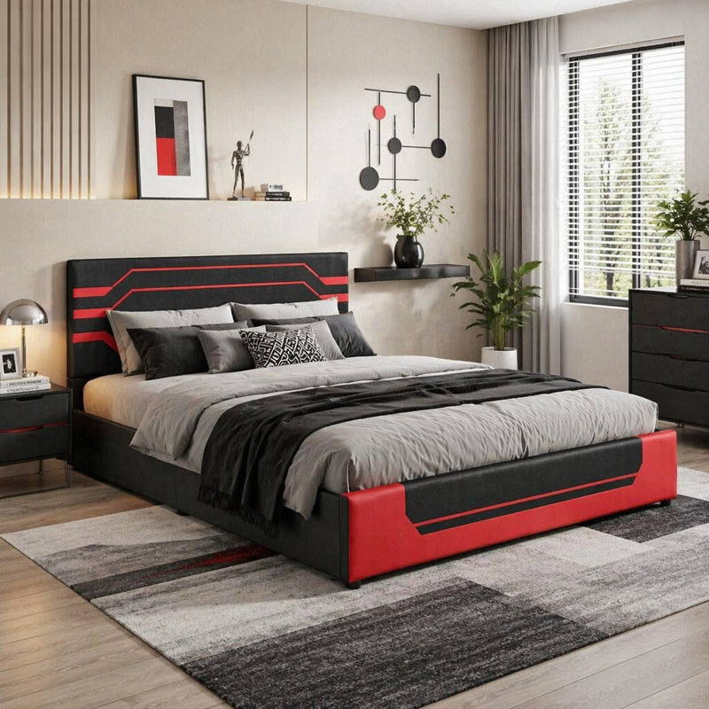 Base de lit de jeu hydraulique moderne, Black+Red