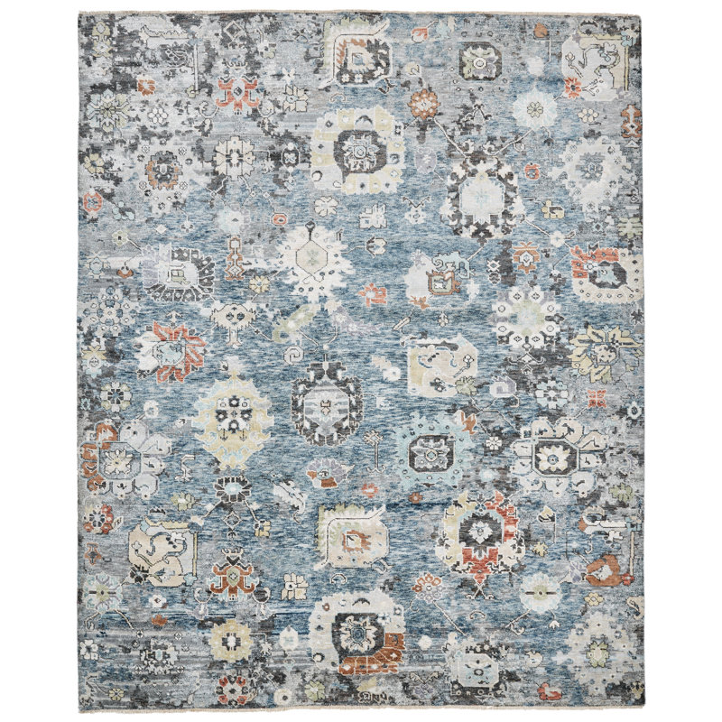 Tapis noué à la main à motif de jardin azur Johannes, Rectangulaire 8 pi x 10 pi