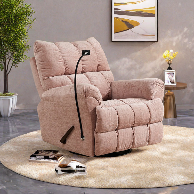 360° Swivel Recliner With Phone Holder Upholstered Swivel Recliner, Pink