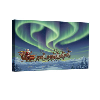 Ensemble de 3 reproductions d'art sur toile de Noël Père Noël renne traîneau Aurora Sky Winter Landscape
