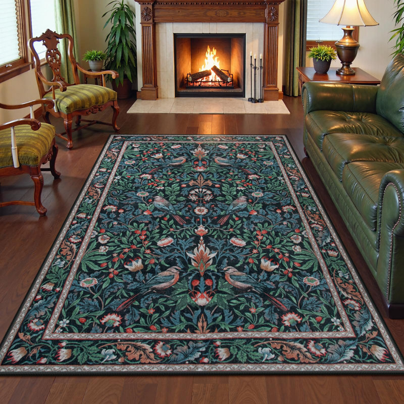 Tapis à poils courts lavable à la machine à imprimé d'oiseaux rétro avec envers antidérapant, Rectangle 5 pi x 7 pi