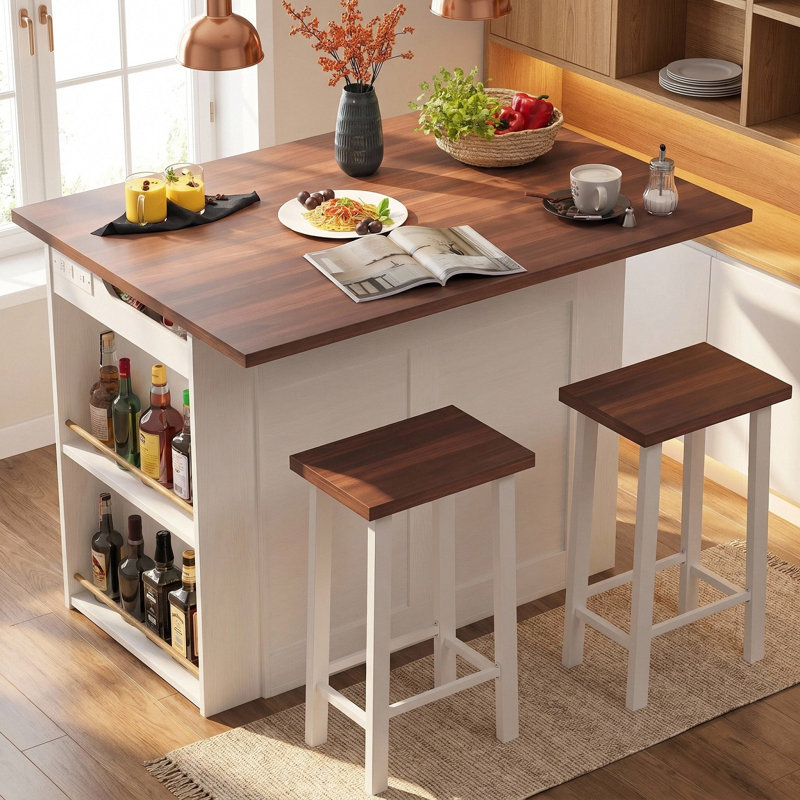 Lujane 3-Piece Drop Leaf Kitchen Island Set, Brown Wood, White