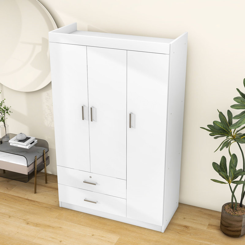 Garde-robe autoportante en bois moderne à 3 portes avec tiroir verrouillable, tablettes et rail suspendu, Blanc