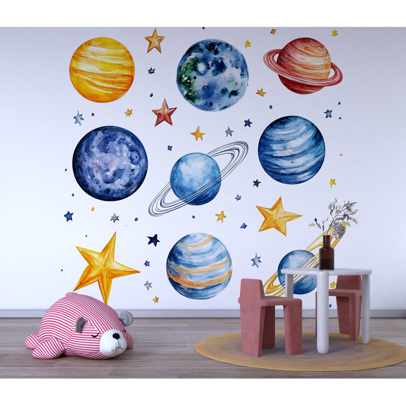 Adhésif décoratif planète aquarelle - art mural chambre d'enfant système solaire, 039Mv, H 10 po x l 10 po
