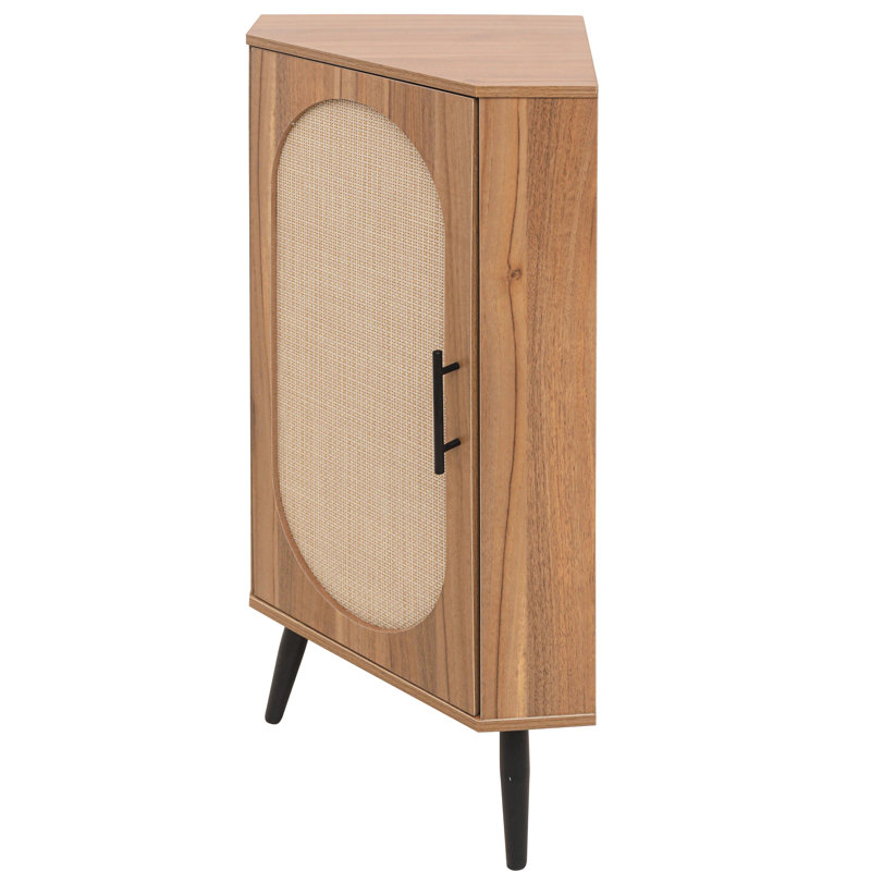 Tablette de coin de salon avec porte, capacité de 88 livres, décoration en peau naturelle, panneau de porte sans épissure, base en métal triangulaire, dispositif de déversement, armoire à poignée noire pour petits espaces, charge