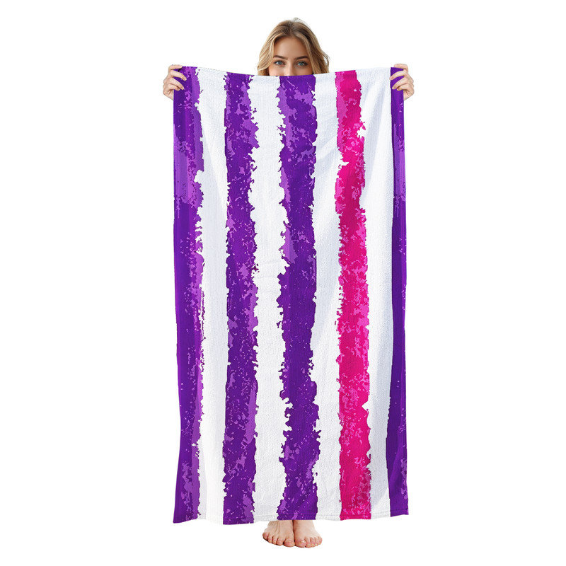 Serviette de plage légère en microfibre JYK, 30 pi x 60 po, rayure mauve rose, Rayures grises, mauves et roses