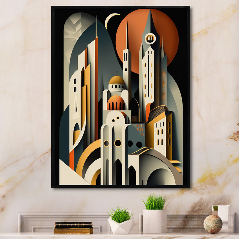 Fantasy Cityscape III - art mural sur toile Cityscapes, L 12 po x H 20 po, Toile avec cadre flottant noir