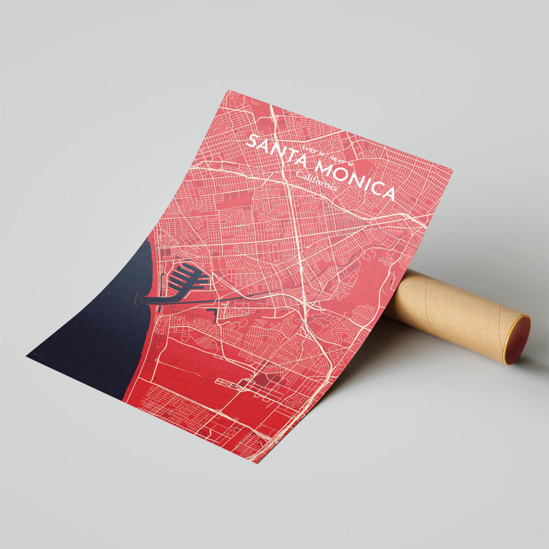 Santa Monica, carte de la ville, impression, H 17 po x l 11 po, Rouge / bleu marine