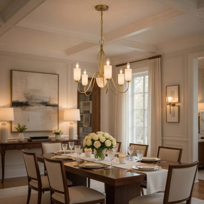 3 Light Candelabra Chandelier With Glass Shades, 25 Inch Antique Brass