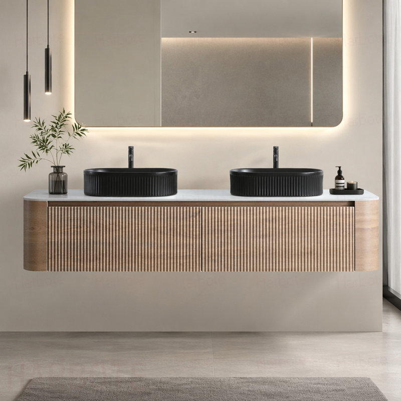 Meuble-lavabo de salle de bain avec lavabo, armoire murale miel avec porte-serviettes gratuit, conception de lavabos en céramique à rayures ovales doubles, sans drain et robinet, pré-assemblé