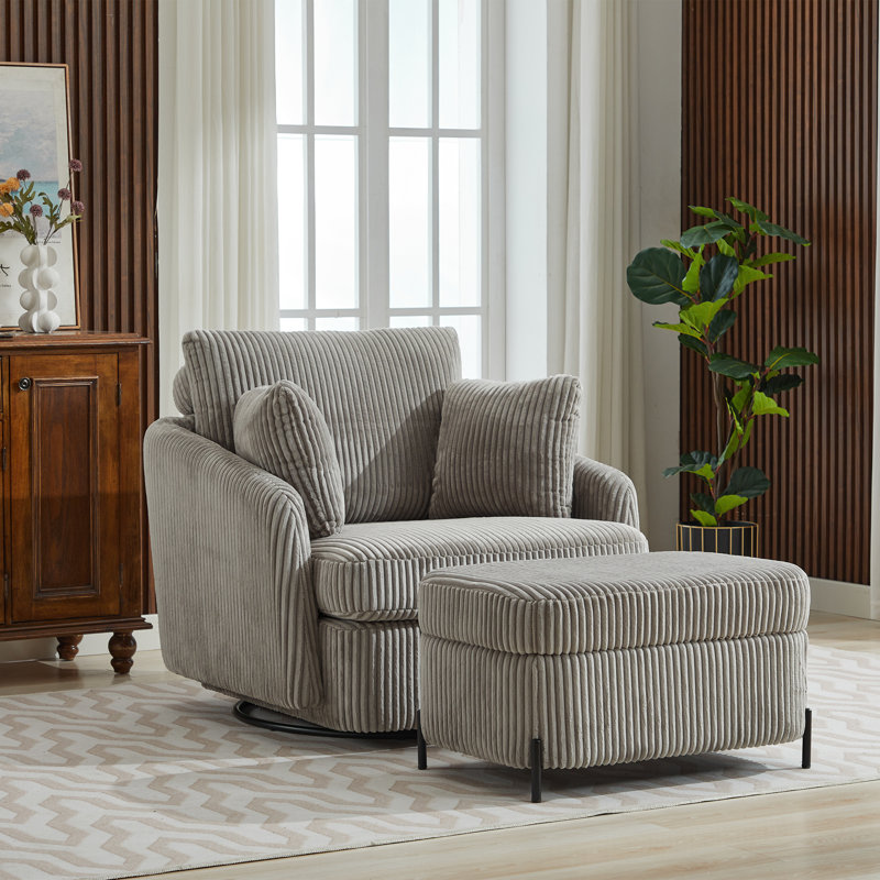 Chaise pivotante rembourrée avec repose-pieds avec rangement, Velours côtelé gris