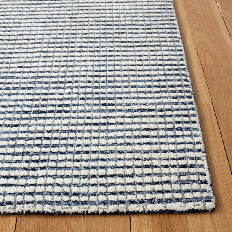 Handmade Blue and Ivory Wool Striped 3' x 5' Rug
