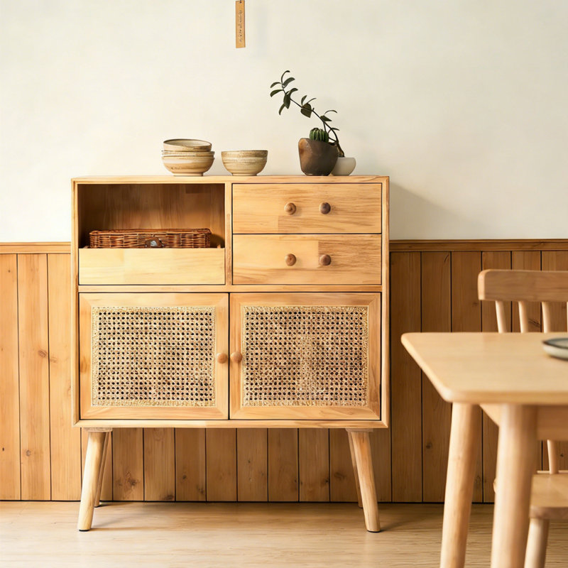 Petite armoire de rangement en rotin brun clair