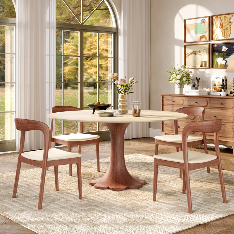Table de salle à manger ronde en pierre texturée en travertin pour 4 à 8 personnes avec piédestal en bois massif, Noyer
