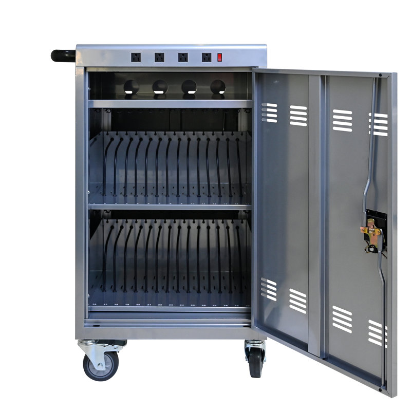 Mobile Charging Cart Cabinet Silver - 35 Capacity Efficient Charge, Secure Locking, Rust- Tablet Laptop Quick Lock, Material