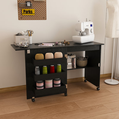 4-in-1 Folding Sewing Table with Storage Shelves and Lockable Wheels, Rolling Sewing Machine Cabinet for Craft Room and Small Spaces