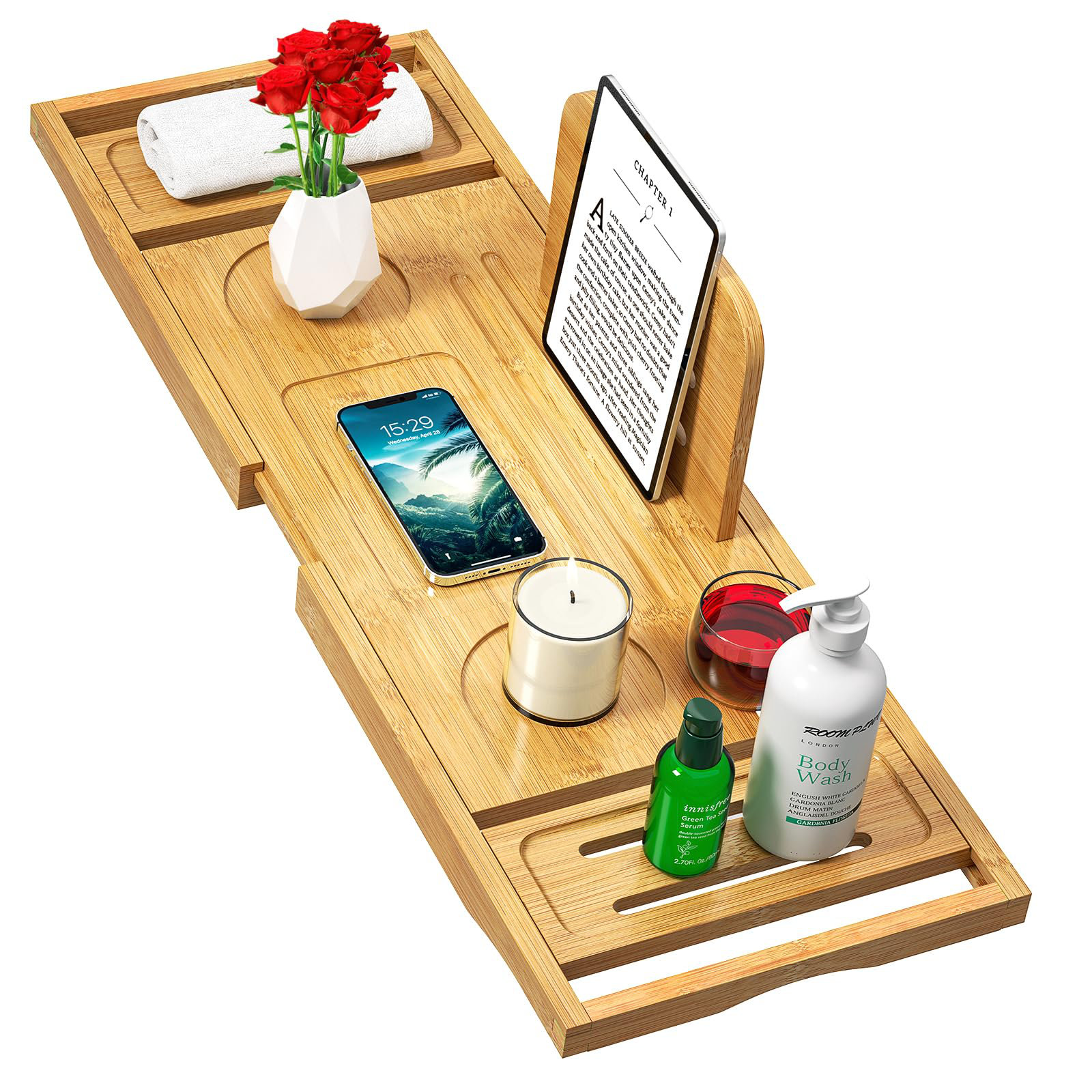 Rebrilliant Bamboo Bathtub Tray Caddy, Expandable Bath Tub Table Tray