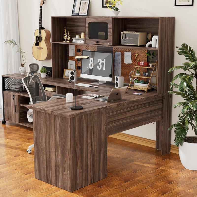 Black L-Shaped Executive Desk with Hutch and Power Outlet
