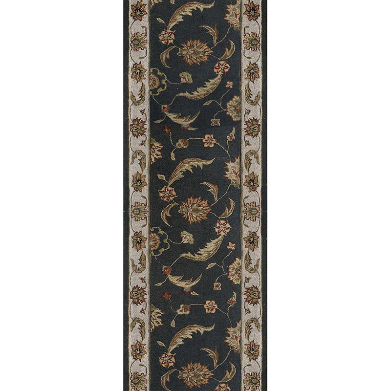 Laine fabriquée à la main de style oriental Java/soie noire/beige Tapis décoratif, Tapis de couloir 2 pi 2 po x 8 pi