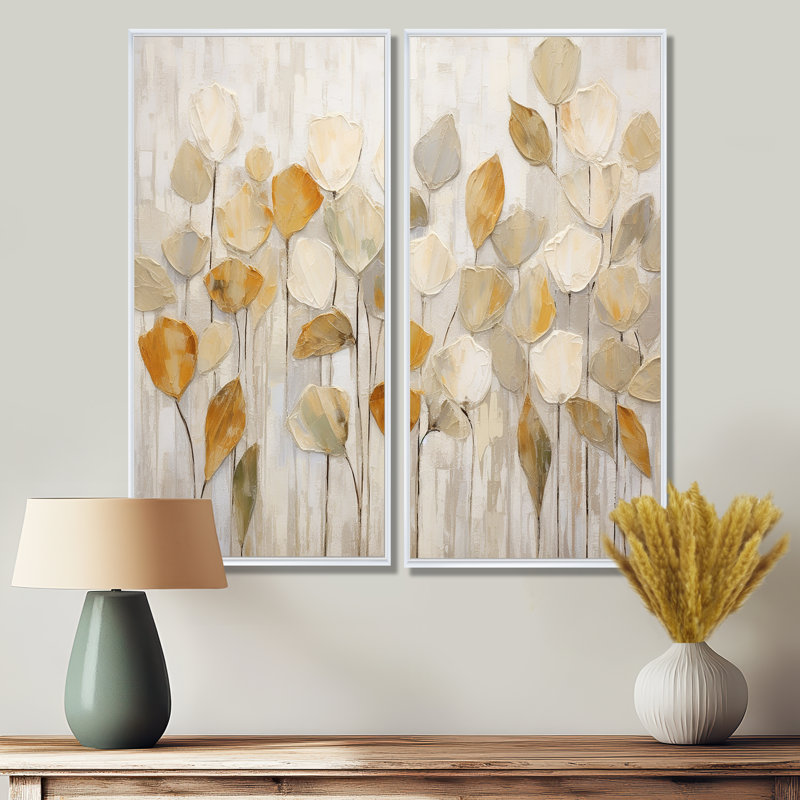 «Beige Botanical Impressions II», art mural abstrait botanique 2 pièces, H 32 po x l 32 po, Blanc