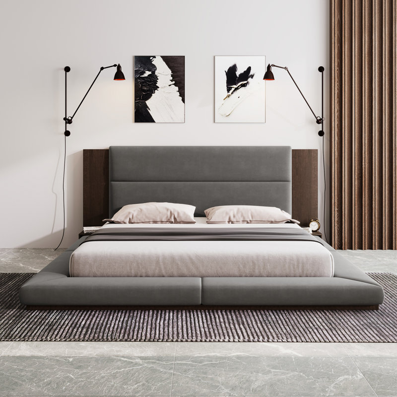 Floor Upholstered Platform Bed With Extended Wood Headboard & Bedside Shelf,No Box Spring Needed, King