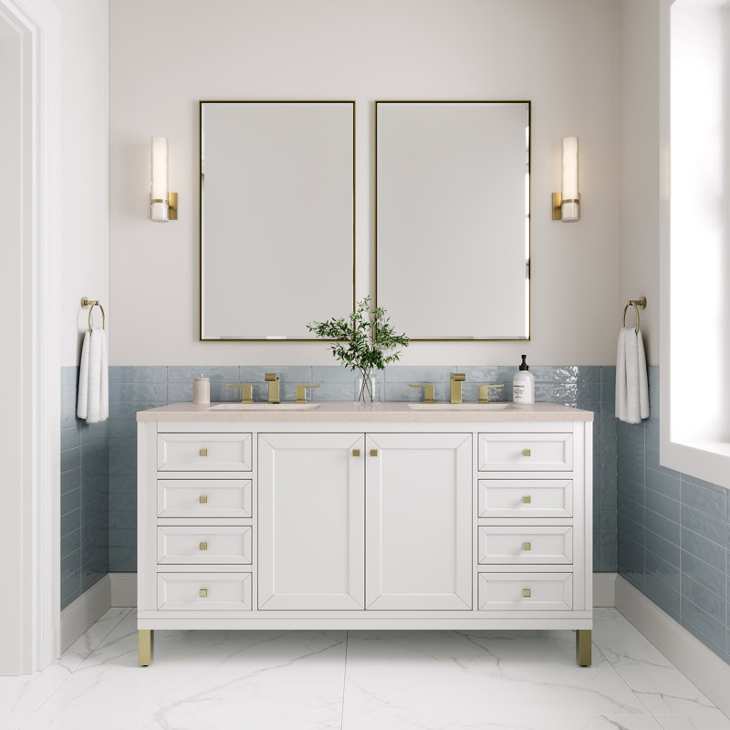 Chicago 60'' W Double Vanity, 8" Widespread, Charcoal Soapstone, Glossy White