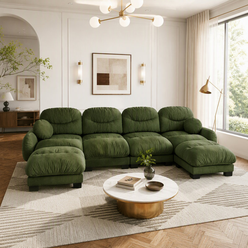 Canapé d'angle modulaire 4 places en tissu chenille confortable au design plissé, avec mousse ergonomique haute densité, 2 poufs et coussins ronds.
