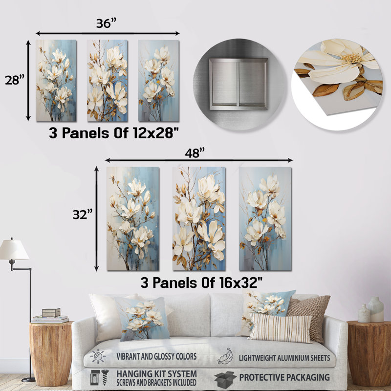 Magnifique ensemble de 3 impressions magnétiques beige et doré Magnolia, H 32 po x l 48 po