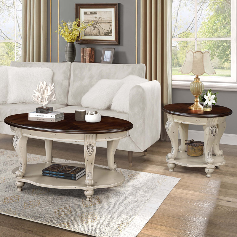 Ensemble de 3 tables basses, Espresso, Blanc antique
