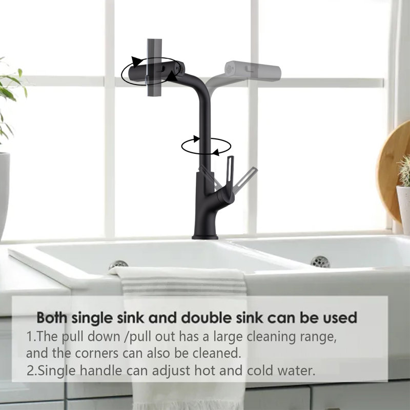 Robinet de cuisine cascade or brossé avec douchette extractible, robinet d'évier de cuisine à poignée simple avec douchette extractible, robinet de cuisine rotatif à 360 °