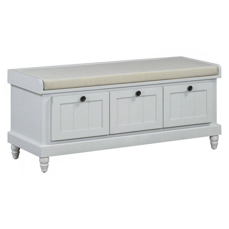 Banc à chaussures classique avec coussin et trois tiroirs, banc d'entrée cannelé avec rangement pour le salon, le vestibule et les couloirs (gris clair)