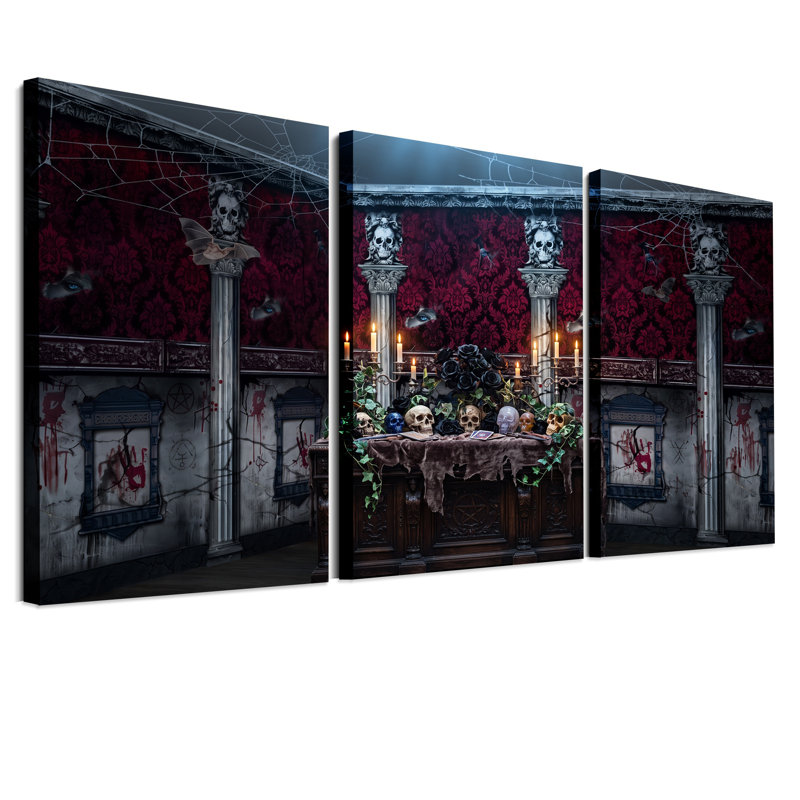 Ensemble de 3 toiles murales gothiques avec autel en forme de crâne et décorations d'Halloween rouges, 36"H x 24"W x 3pcs