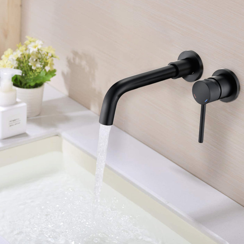 Robinet mural noir mat - Conception élégante, aérateur, fabrication en métal pour un lavabo de salle de bain moderne au look moderne, indicateurs de chaleur / froid