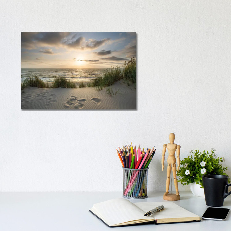 Dune plage avec coucher de soleil - Giclée sur toile tendue avec châssis