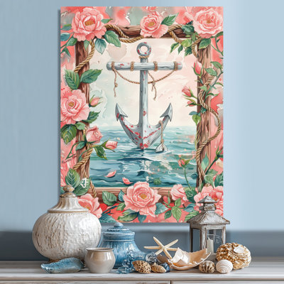 Pink Green Coastal Vintage Anchor Roses V - Coastal Wall Art Living Room