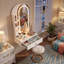Meuble-lavabo mural flottant avec miroir arqué éclairé, tiroir de rangement, prise de courant intégrée, luminosité réglable en 3 modes de couleur, coiffeuse blanche compacte pour petits espaces-1273848532