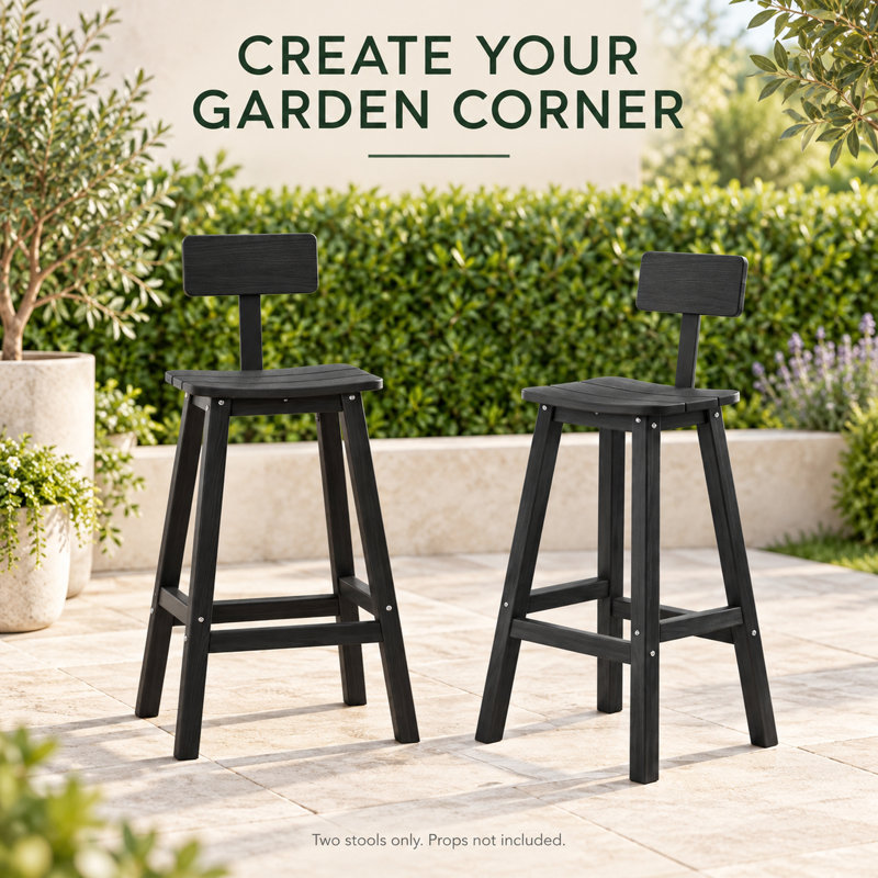 Ensemble de 2 tabourets de bar avec dossier, 74 cm (29 pouces), idéal pour îlot de cuisine ou bar, aspect bois texturé noir, siège et repose-pieds incurvés, gain de place pour l'intérieur et l'extérieur.