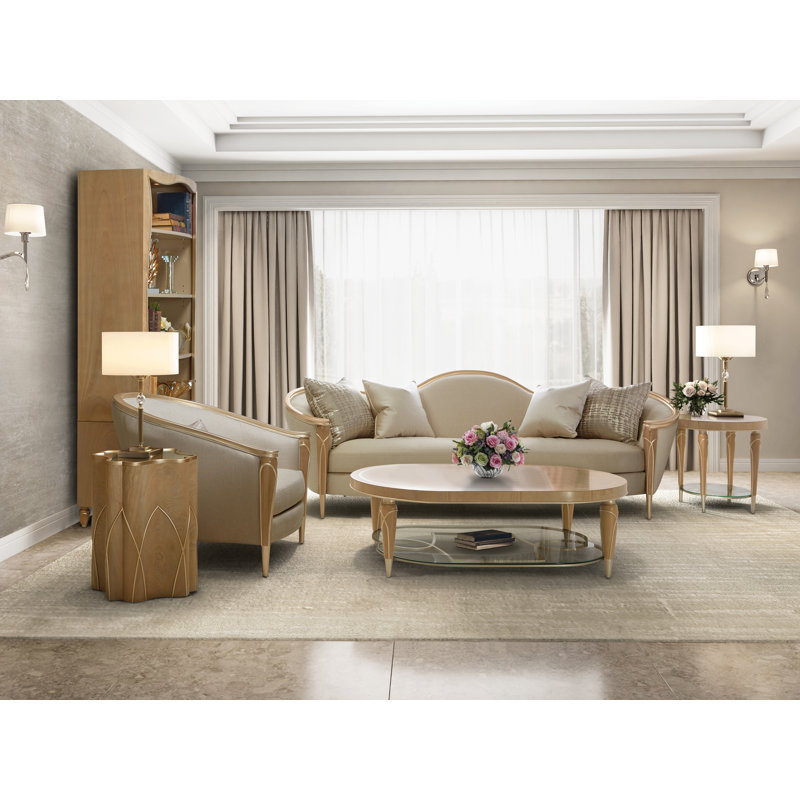 Pearl and Caramel Linen Upholstered Curved Arm Sofa
