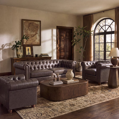 Ensemble de salon, canapé et fauteuil avec accoudoirs roulés en similicuir 3 pièces Chesterfield