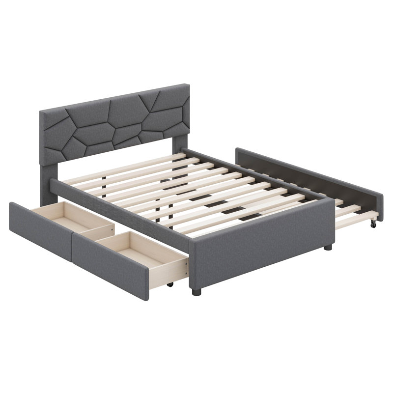Grand lit avec lit gigogne et tiroirs, gris