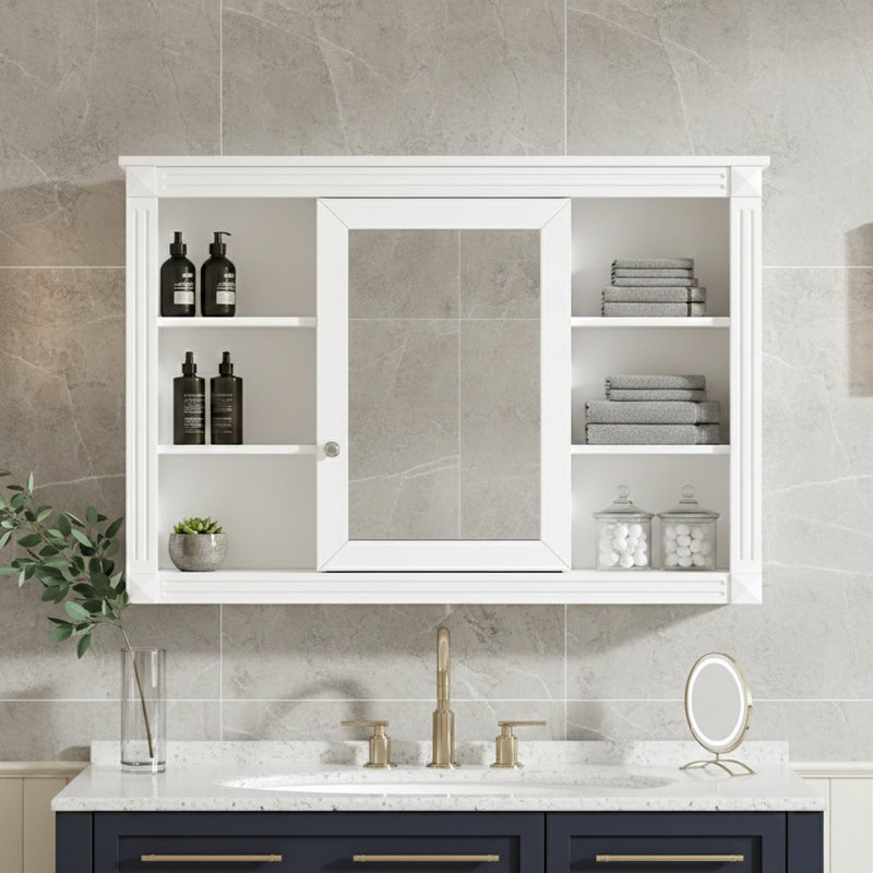 Wall Mounted Bathroom Storage With Mirror And Open Shelves