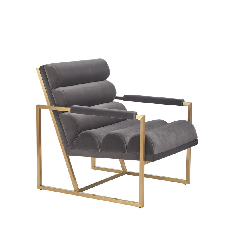 Chaise d'appoint Cid Dave, velours gris touffeté, pieds carrés, laiton 27 po