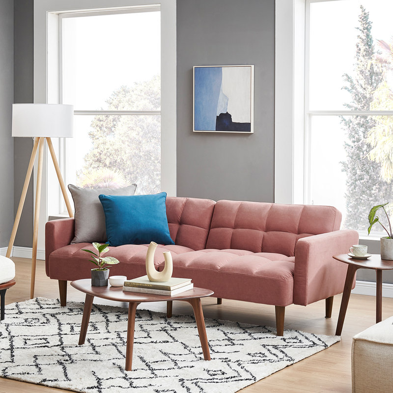 Reiana Twin 77.56'' Wide Faux Leather Convertible Sofa, Pink Velvet