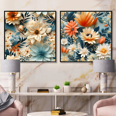 Warm Terracotta And Blue Floral Botanical Pattern - Floral Square Collage Set Of 2