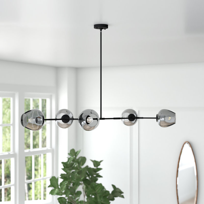 Industrial 5 Light Black Linear Shade Chandelier, Smoke, Black