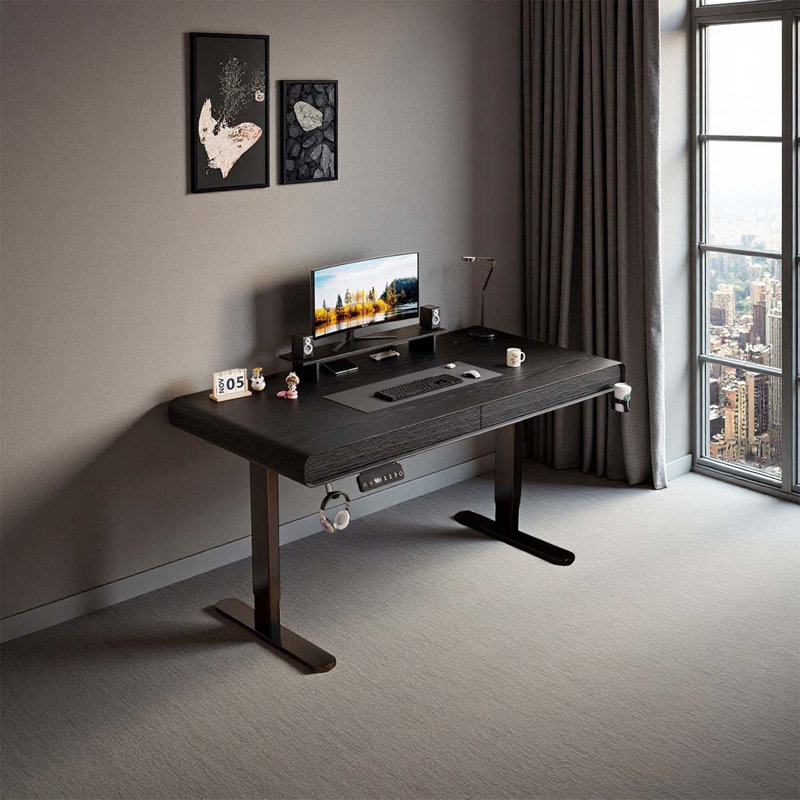 Bureau d'ordinateur noir à hauteur réglable, Noyer