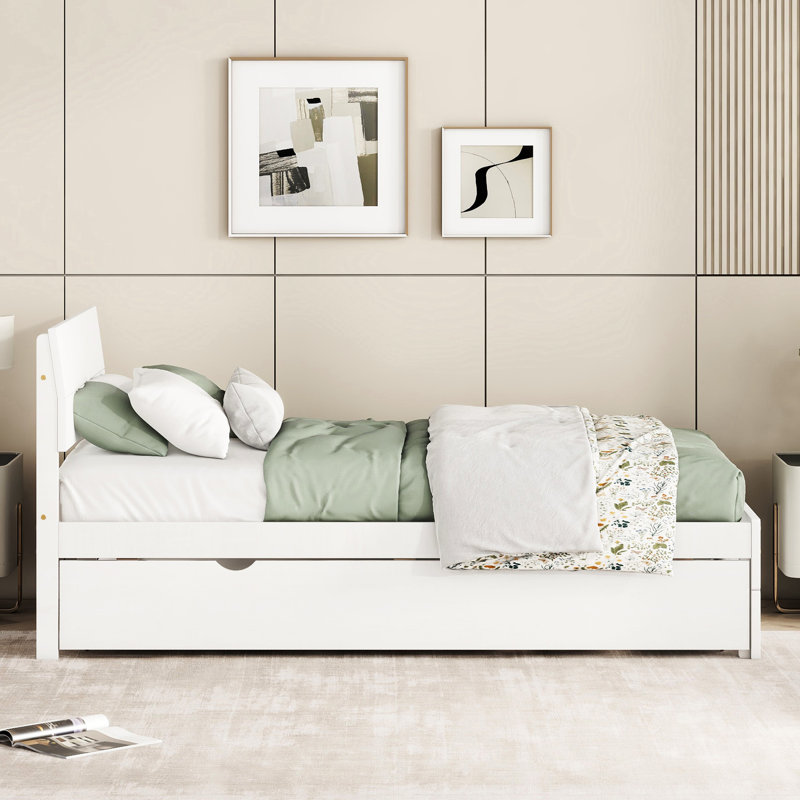 Structure de lit simple avec lit gigogne blanc crème, tête de lit ultrabrillante et moderne, Blanc crémeux / blanc