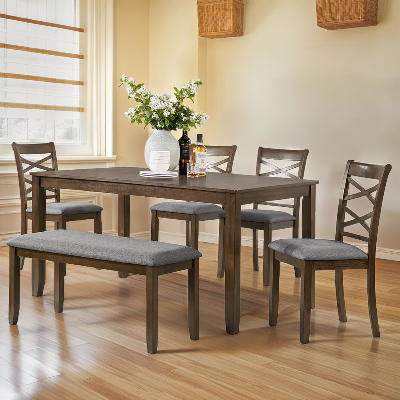 Ensemble de salle à manger 6 pièces en bois - Table rectangulaire avec banc et chaises